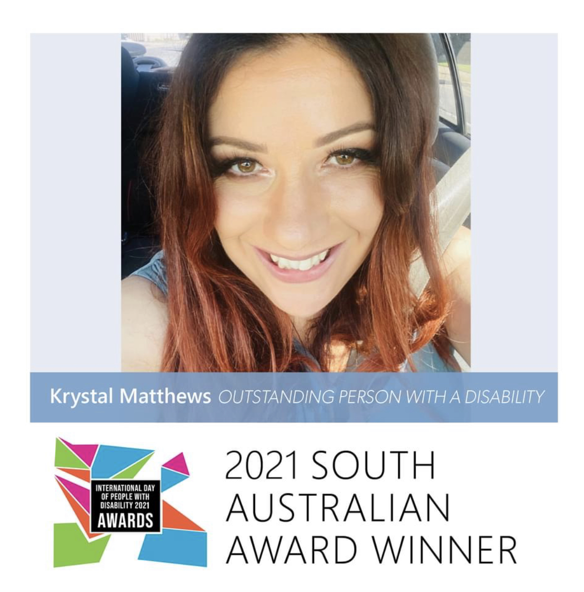 PDA’s SA Associate Director Krystal Matthews named as South Australian Winner in “International Day of People with Disability 2021 Awards”